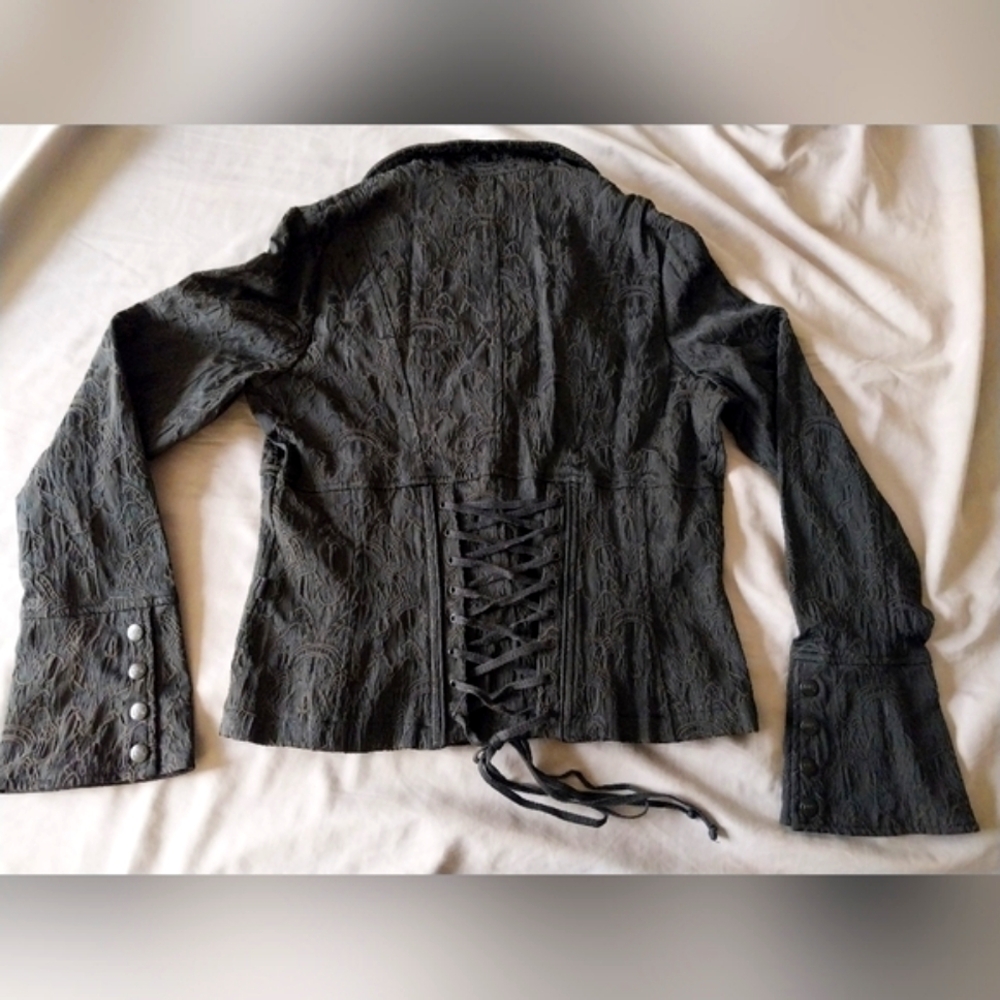 Vintage Y2K Tripp nyc black brocade corset lace-up victorian vampire jacket - Picture 3 of 12